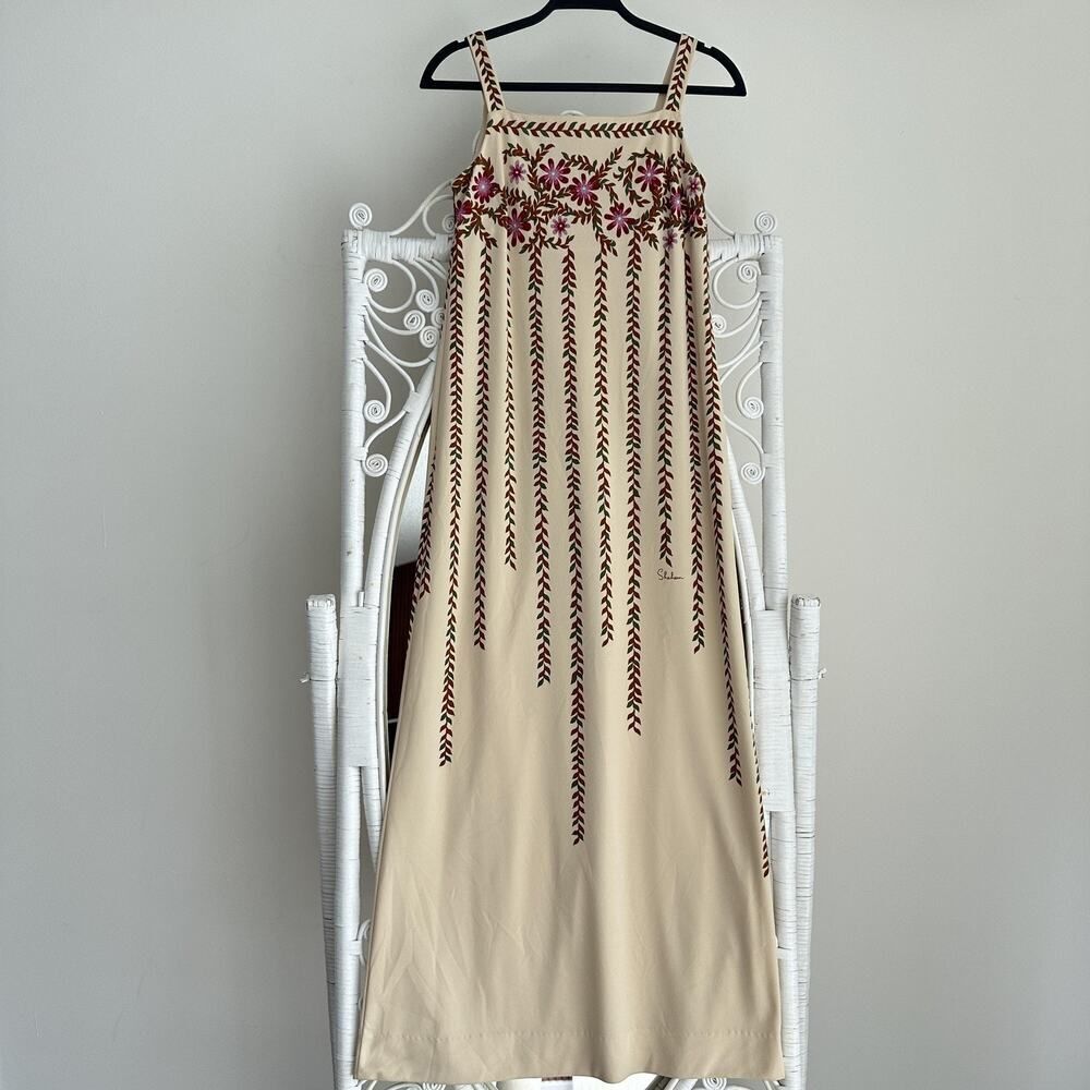 Vintage Alfred Shaheen Dress Womens small Cream Floral Maxi Hawaiian Boho 70s